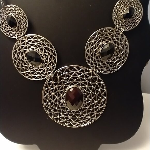 Club Monaco Silver Statement Necklace with Black Stones - Picture 2 of 3